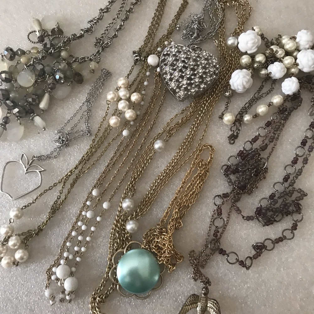 Women's Multi-Chain Pendant Necklace with Teal Cabochon and Pearl Accents